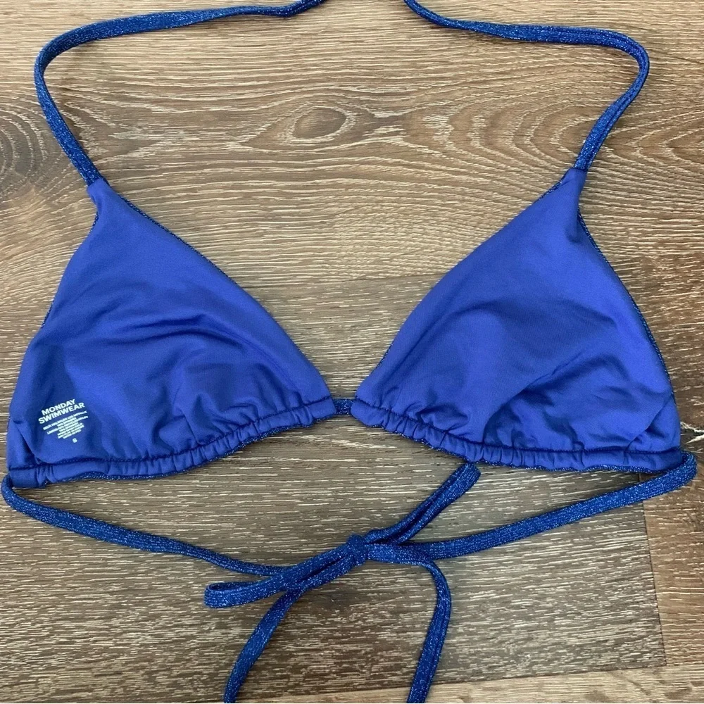 Monday swimwear Womens blue shimmer triangle tie neck / tie back bikini top S